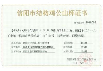 “息县城南区域棚户区刷新项目1#、2#、3#、7#楼、地下车库工程”被授予2018下半年“信阳市结构鸡公山杯”称号